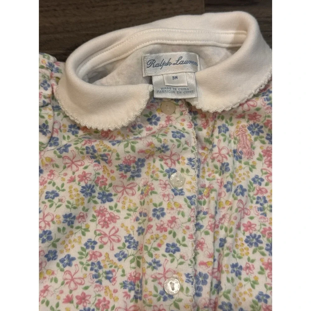 Ralph Lauren Romper 3M Pink Floral Peter Pan Classic Cottagecore Baby Girl Bows